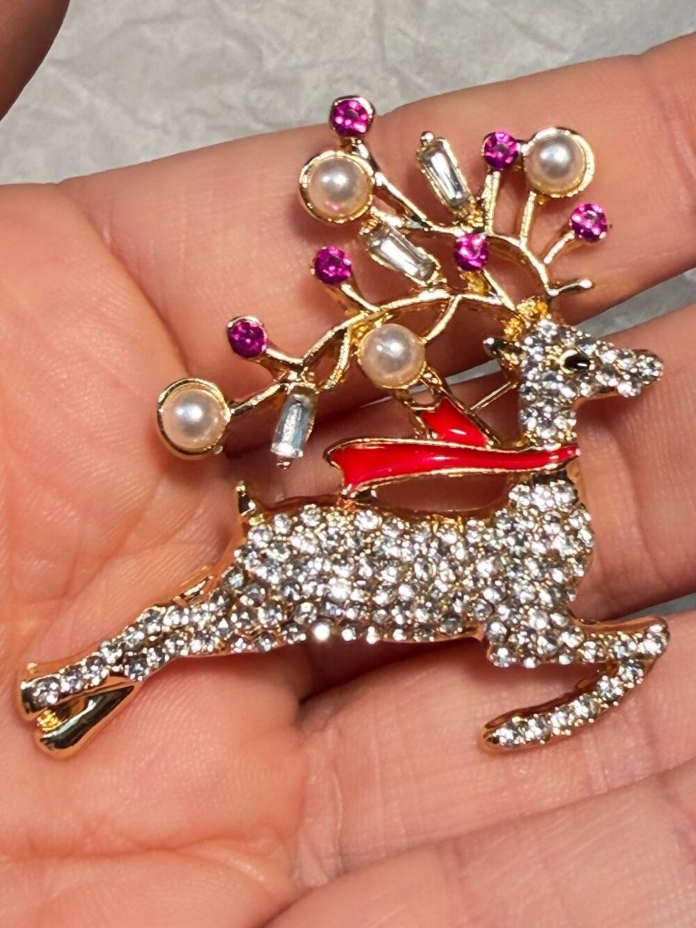 Reindeer Rhinestone Brooch Christmas Deer Holiday Pin Red Scarf Faux Pearls
